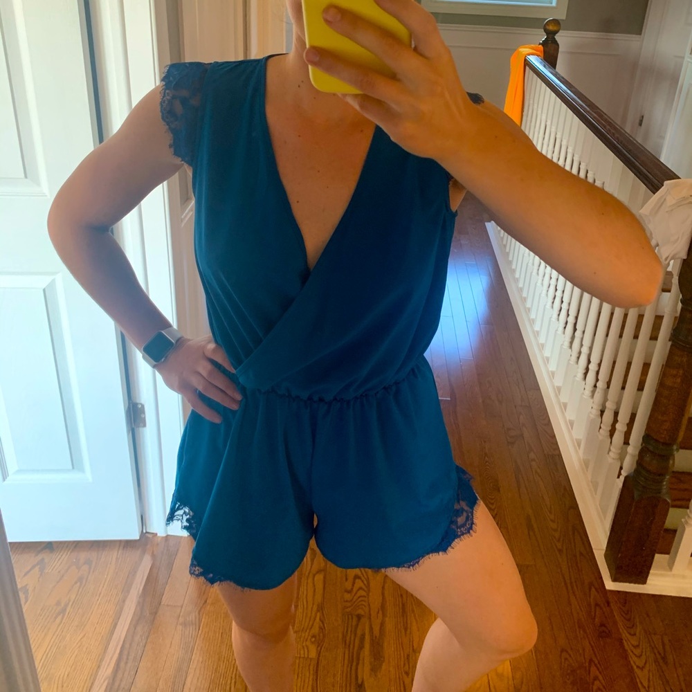 Blue stretchy + lace crossover romper - shorts